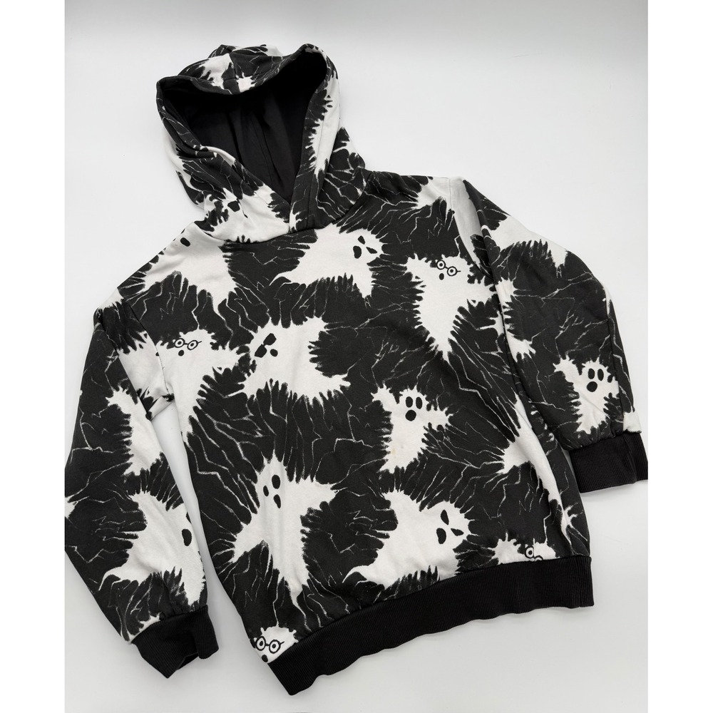 H&M Kids Black White Ghost Print Hooded Sweatshirt Size 6-8Y Halloween Hoodie